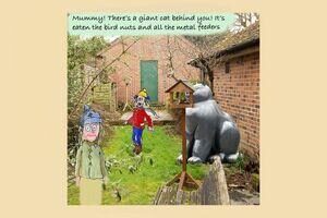 cartoon of cat sculpture in garden with people