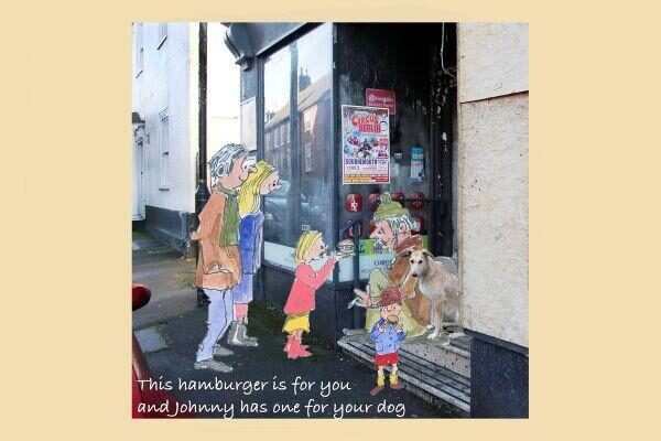 family in shop doorway with homeless person and dog