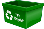 Recycling bin with we recycle in words and the recycle arrow logo